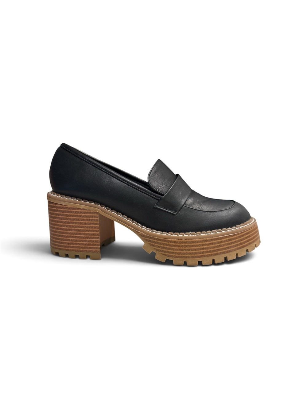 MIA Black Leather Lug-Platform Block Heel Loafer